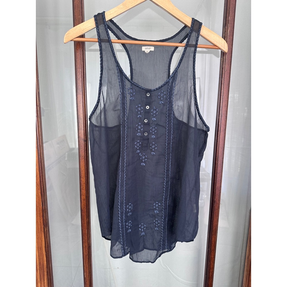 Aerie Navy Blue Embroidered Sheer Racerback Henley Tank Top Womens Large